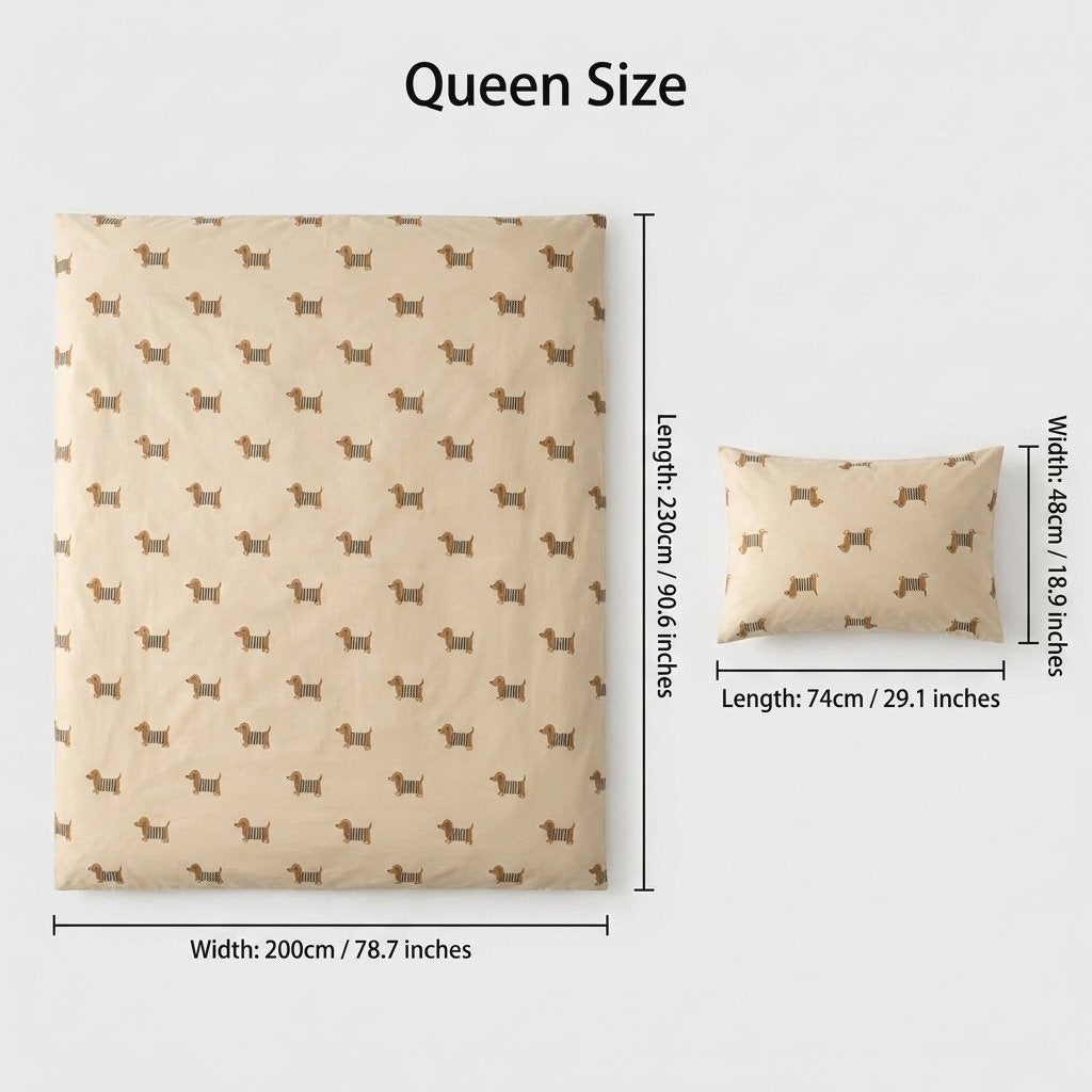 Dachshund duvet set Queen size dimensions: duvet 90.6in/230cm x 78.7in/200cm, pillowcase 29.1in/74cm x 18.9in/48cm