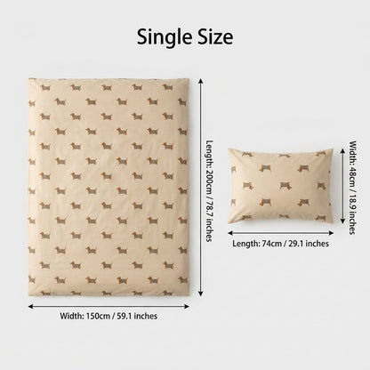 Dachshund duvet set Single size dimensions: duvet 78.7in/200cm x 59.1in/150cm, pillowcase 29.1in/74cm x 18.9in/48cm