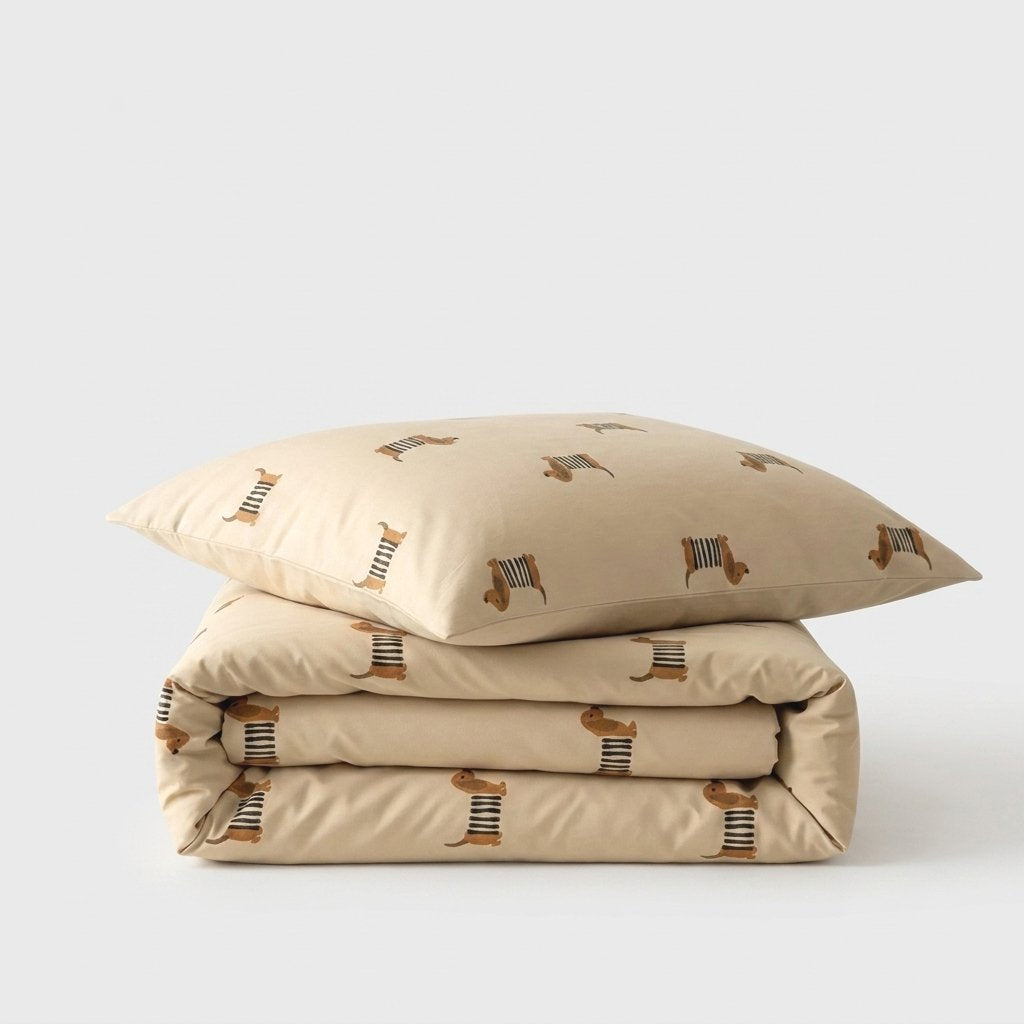 Folded dachshund-print duvet cover and pillow product photo on a white background
