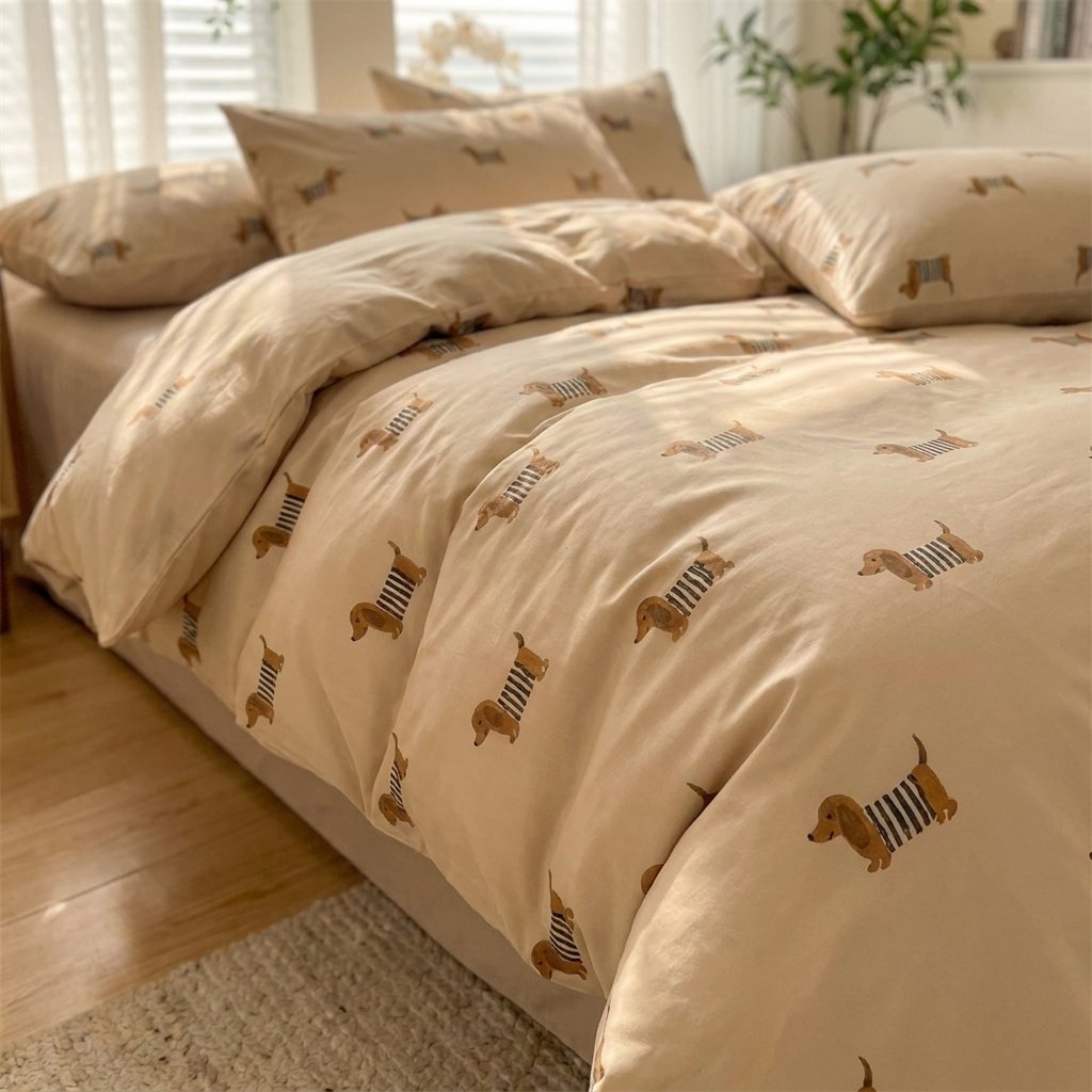 Angled close-up of a dachshund-print duvet and pillows on a bed near a sunlit window