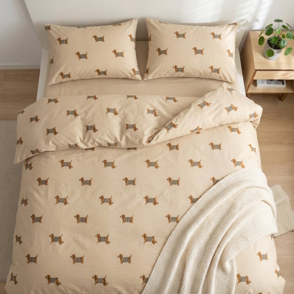 Dachshund-print duvet and pillows on a bed beside a nightstand with a potted plant
