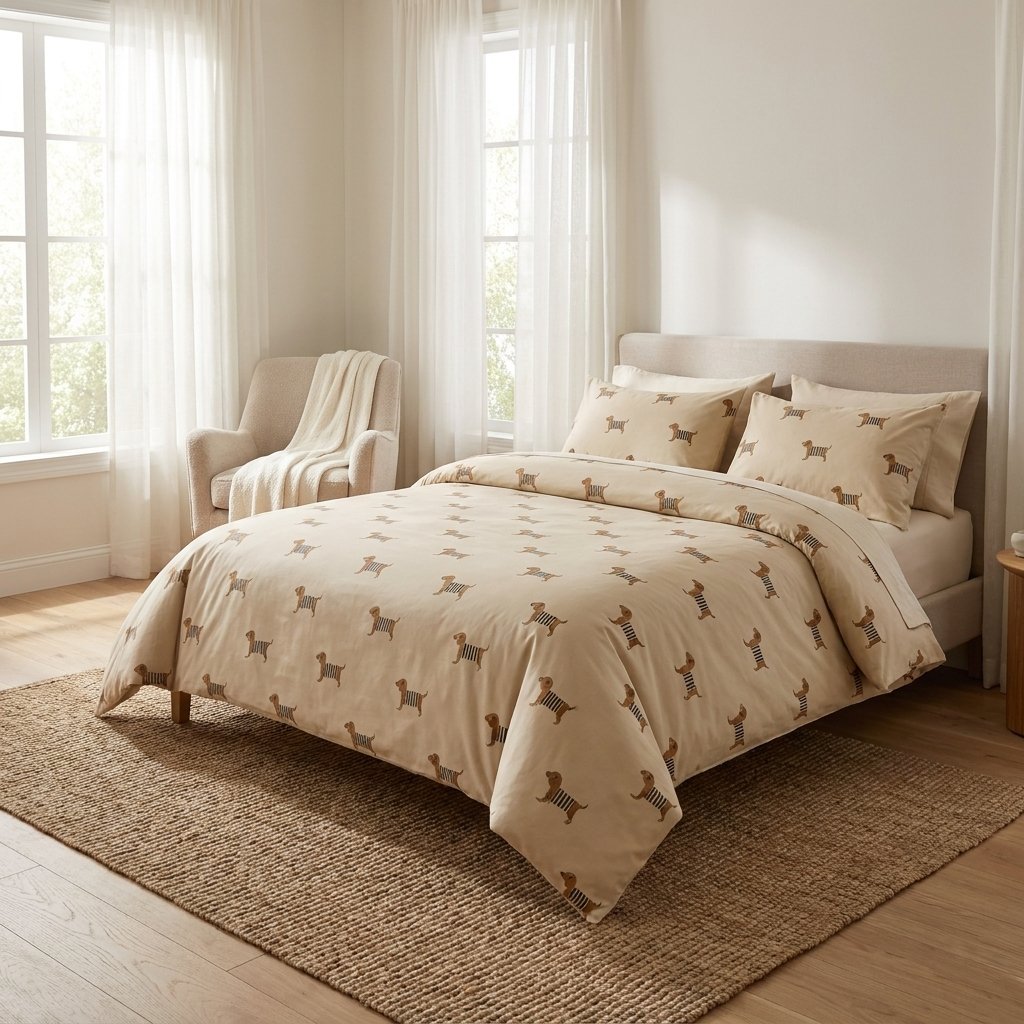 Dachshund-print duvet on a bed in a full bedroom view with an armchair and curtains