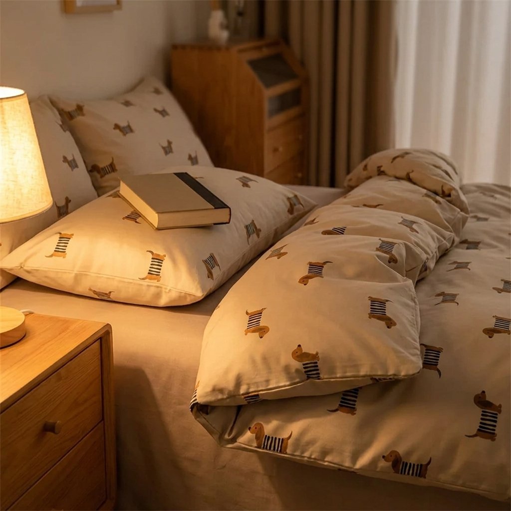 Dachshund-print pillows on a bed beside a lit lamp and a book on a nightstand