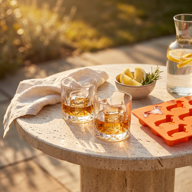 Dachshund ice cube tray with drinks in warm outdoor setting