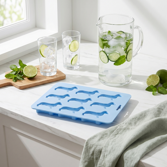 Dachshund ice cube tray on windowsill beside pitcher and lime water