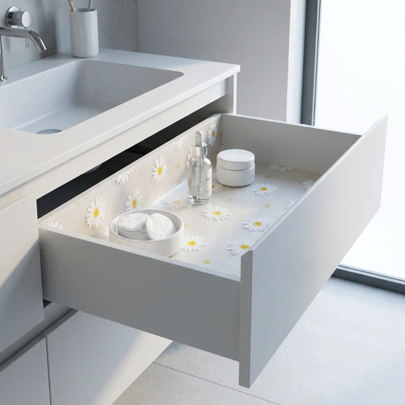 Daisy waterproof drawer liner in grey drawer with bath accessories