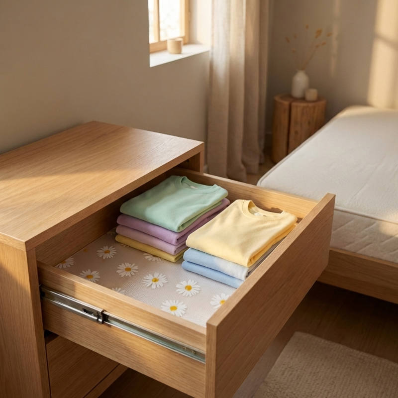 Daisy waterproof drawer liner in bedside drawer with books