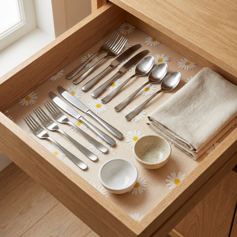 Daisy waterproof drawer liner in kitchen drawer with cutlery and dishes