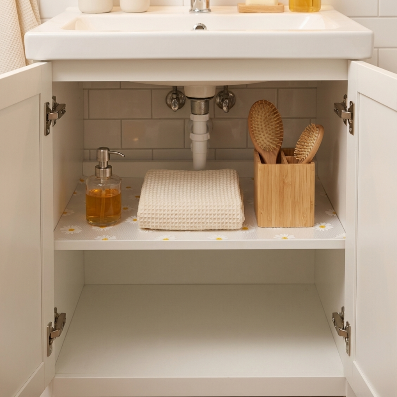 Daisy waterproof drawer liner in bathroom cabinet with bottles and towels