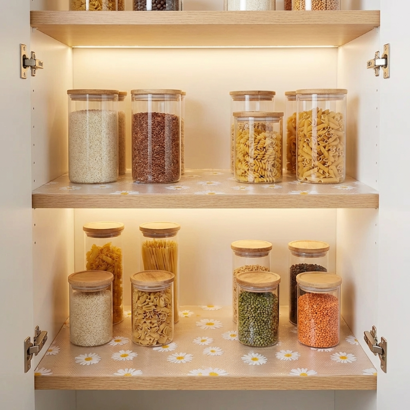 Daisy waterproof drawer liner on pantry shelves with jars