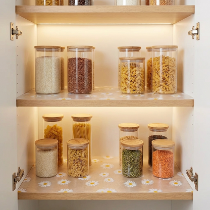 Daisy waterproof drawer liner on pantry shelves with jars