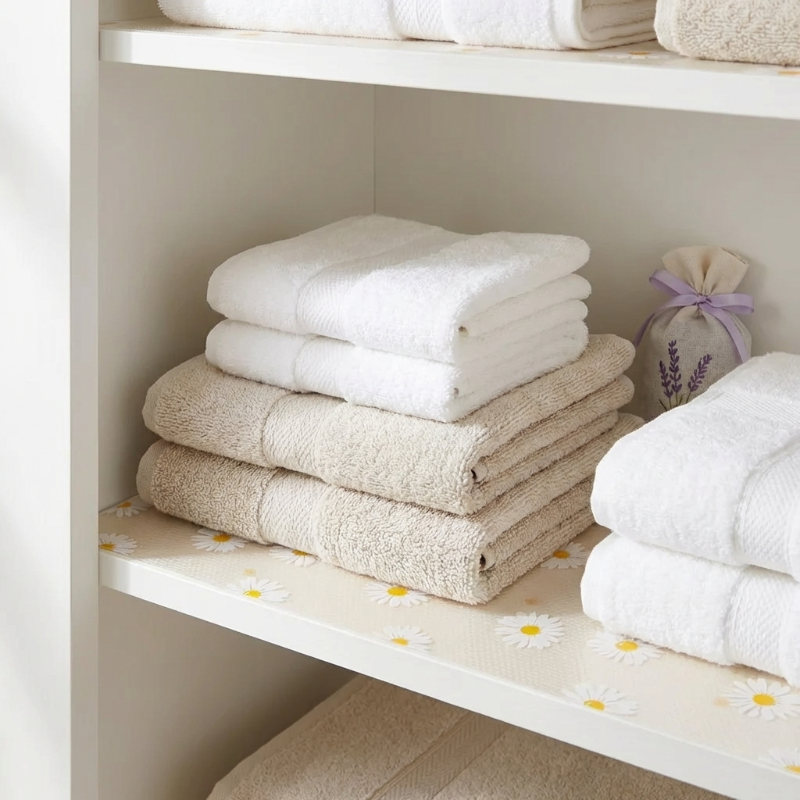 Daisy waterproof drawer liner on linen shelf with folded towels