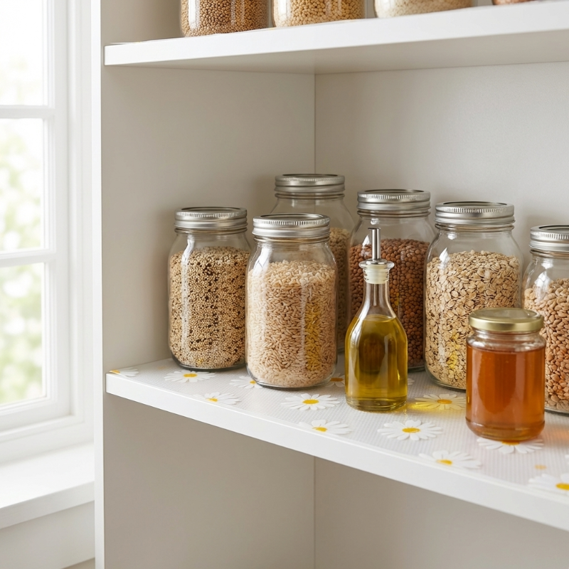 Daisy waterproof drawer liner on shelf with glass bottles