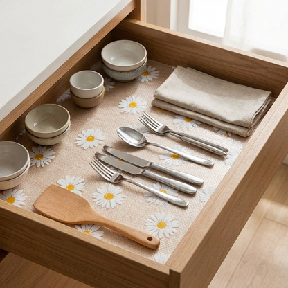 Wooden drawer with ceramic bowls, silverware, and a wooden spatula on a floral placemat.
