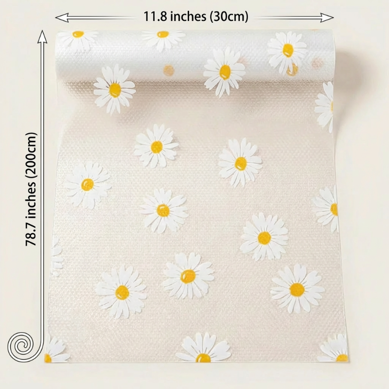 Shelf liner with daisy pattern and measurements on a beige background