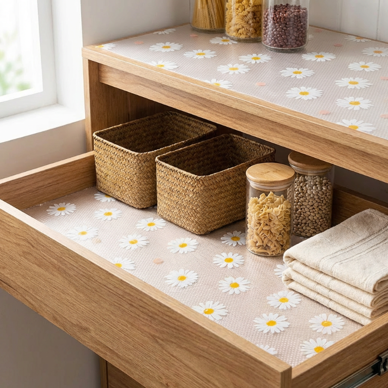 Wooden shelf with woven baskets, jars, and folded towels on a surface with daisy patterned paper.