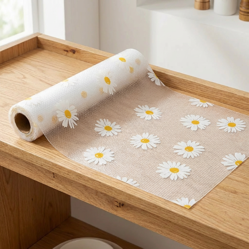 Roll of transparent vinyl with daisy pattern on a wooden surface
