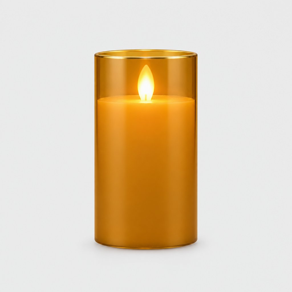 Large amber tinted flameless candle with a glowing flame on a plain light background