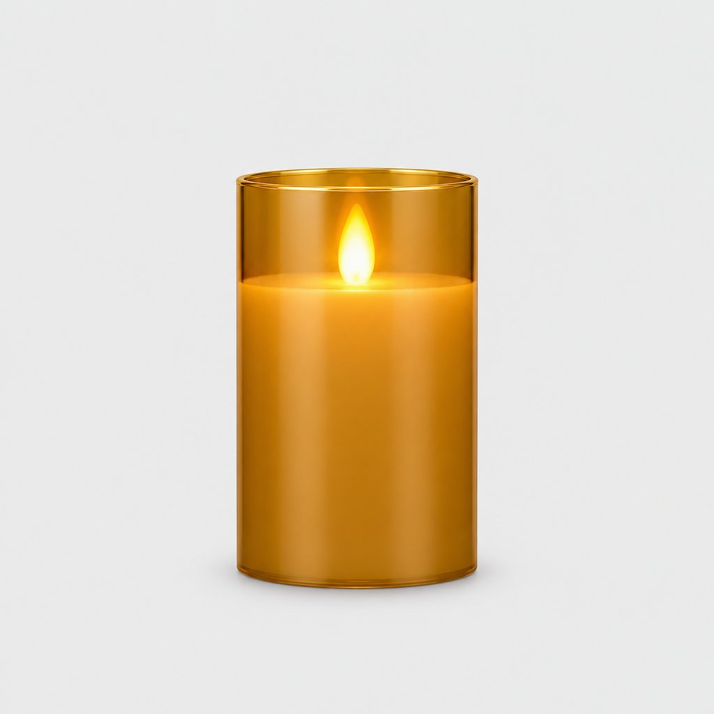 Medium amber tinted flameless candle with a glowing flame on a plain light background