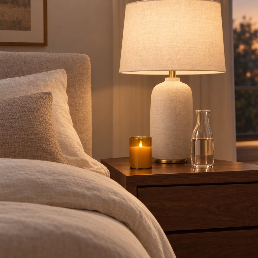 Single amber tinted flameless candle on a wood nightstand beside a white ceramic lamp and a glass carafe, next to a bed with cream bedding