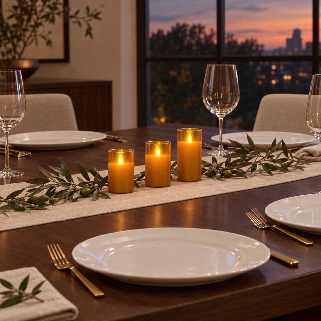 Three amber tinted flameless candles on a wood dining table with an olive branch runner, white plates, gold cutlery and a wine glass, with a dusk sky behind