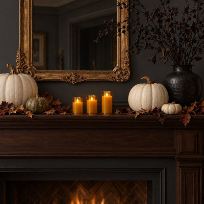 Three small amber flameless candles on a dark wood mantel with white pumpkins, a dark vase of dried stems and a gilded mirror, above a lit fireplace