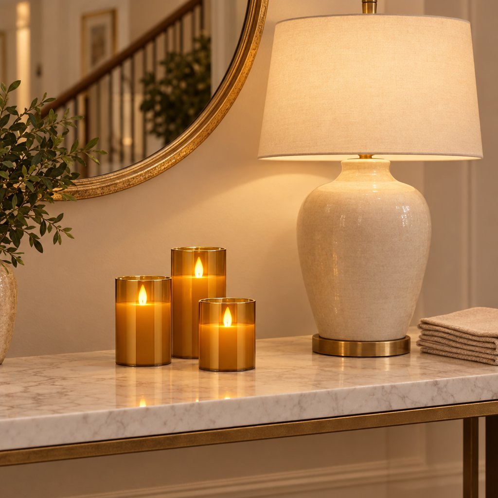 Three amber tinted flameless candles on a marble console beside a white ceramic table lamp, folded napkins and a gold-framed round mirror