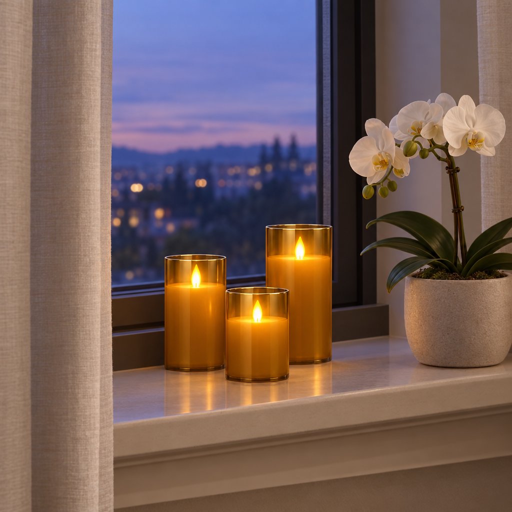 Three amber tinted flameless candles on a window sill at dusk beside a white orchid in a pot, with city lights outside