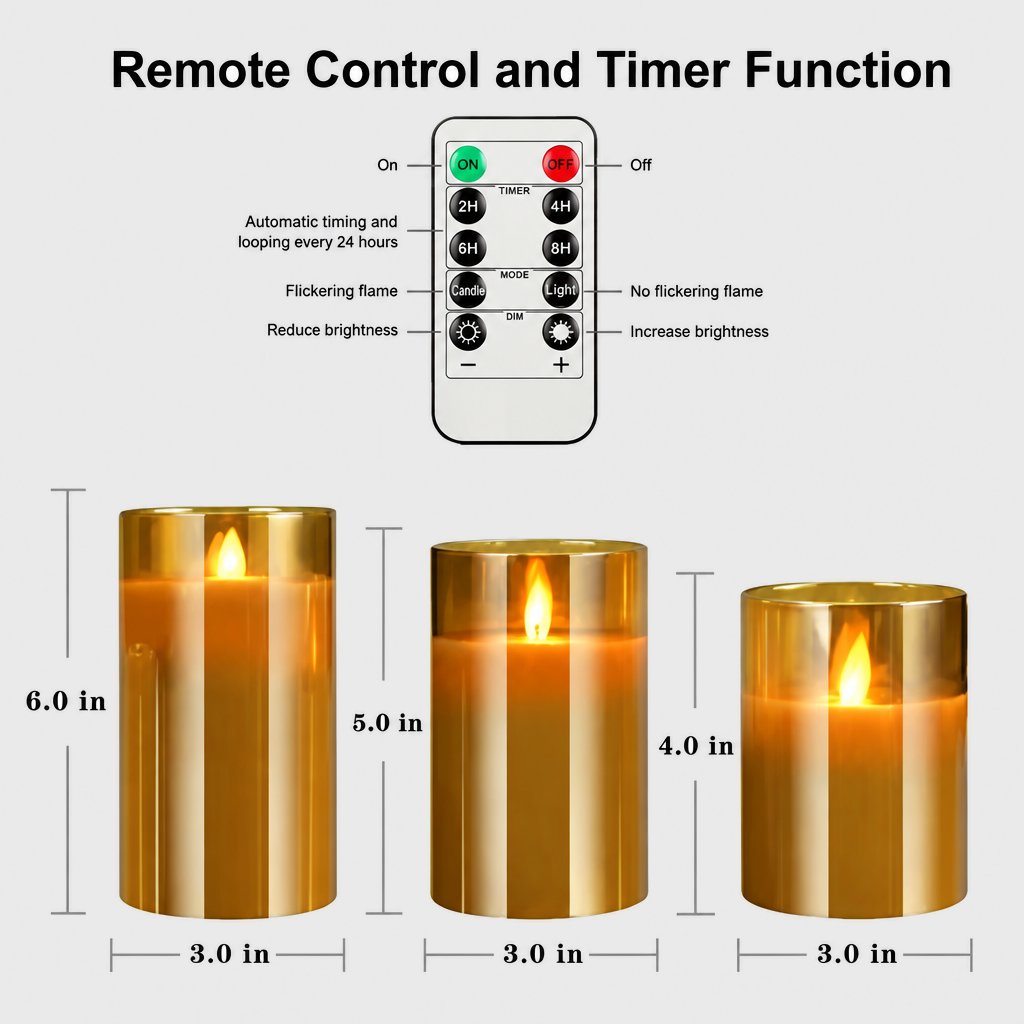 Remote control and timer function diagram with three amber flameless candles, heights 4.0 in, 5.0 in and 6.0 in and a width of 3.0 in each
