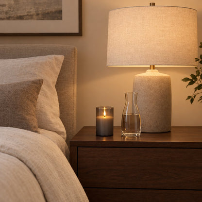 Single grey tinted flameless candle on a wood nightstand beside a white ceramic lamp and a glass carafe, next to a bed with cream bedding
