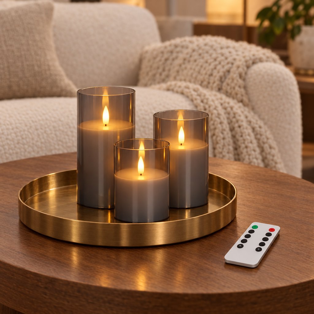 Three grey tinted flameless candles of different heights with a remote control on a round brass tray on a wood coffee table, in front of a cream sofa with a throw