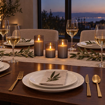 Three grey tinted flameless candles on a wood dining table with an olive branch runner, white plates, gold cutlery and wine glasses