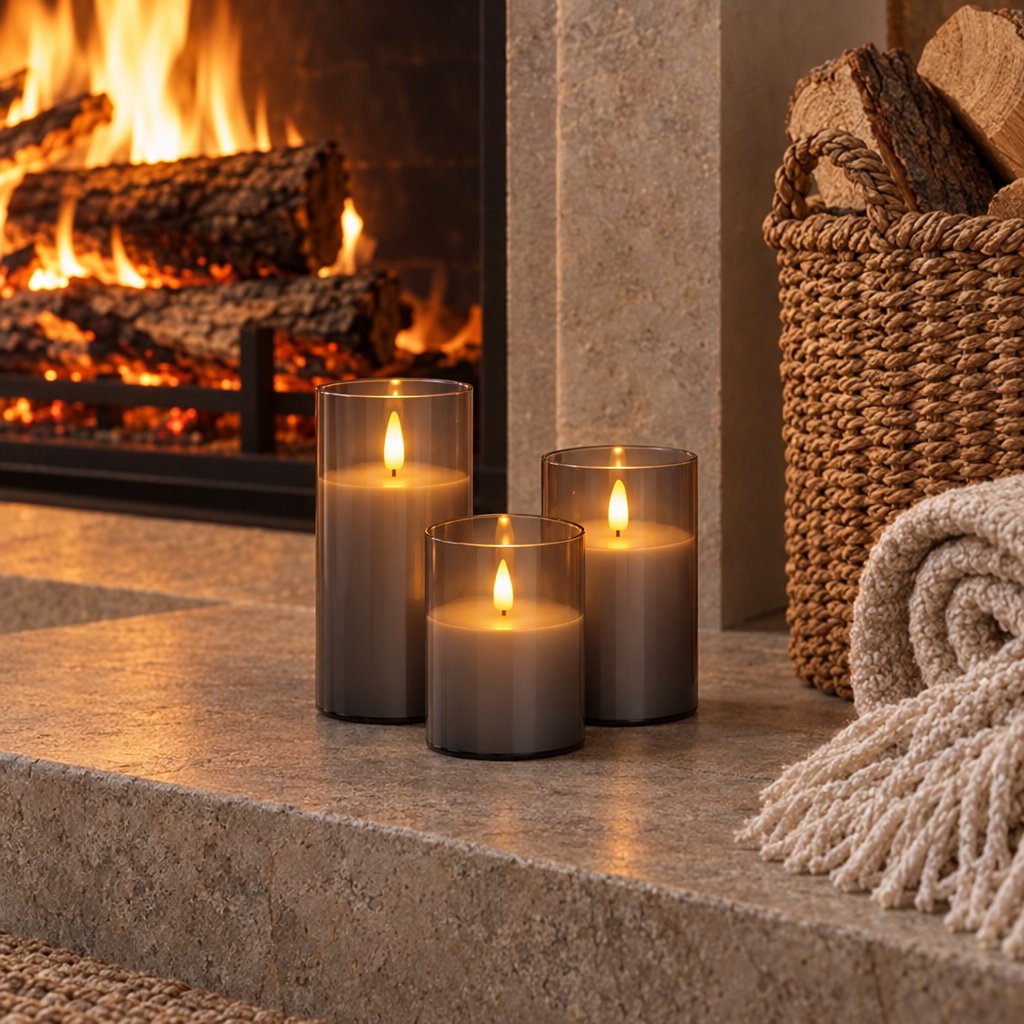 Three grey tinted flameless candles on a stone hearth beside a lit fireplace, a basket of logs and a folded fringed throw