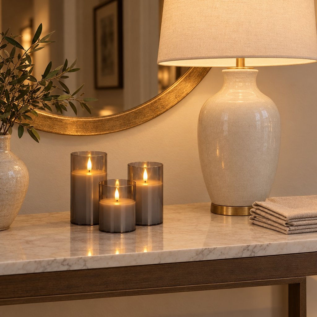 Three grey tinted flameless candles on a marble console beside a white ceramic table lamp, folded napkins and a gold-framed round mirror