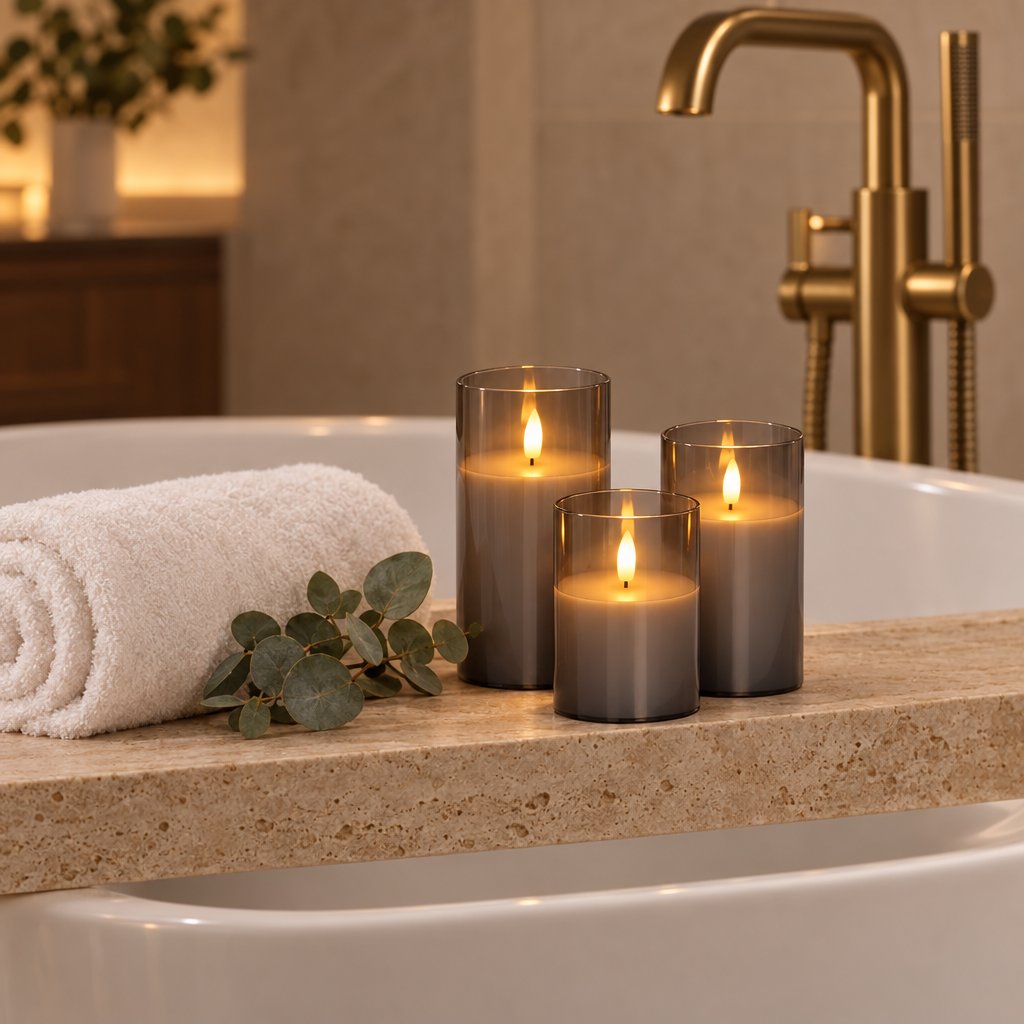Four grey tinted flameless candles on the stone ledge of a bathtub beside a rolled white towel and eucalyptus leaves, with a gold floor-mounted faucet
