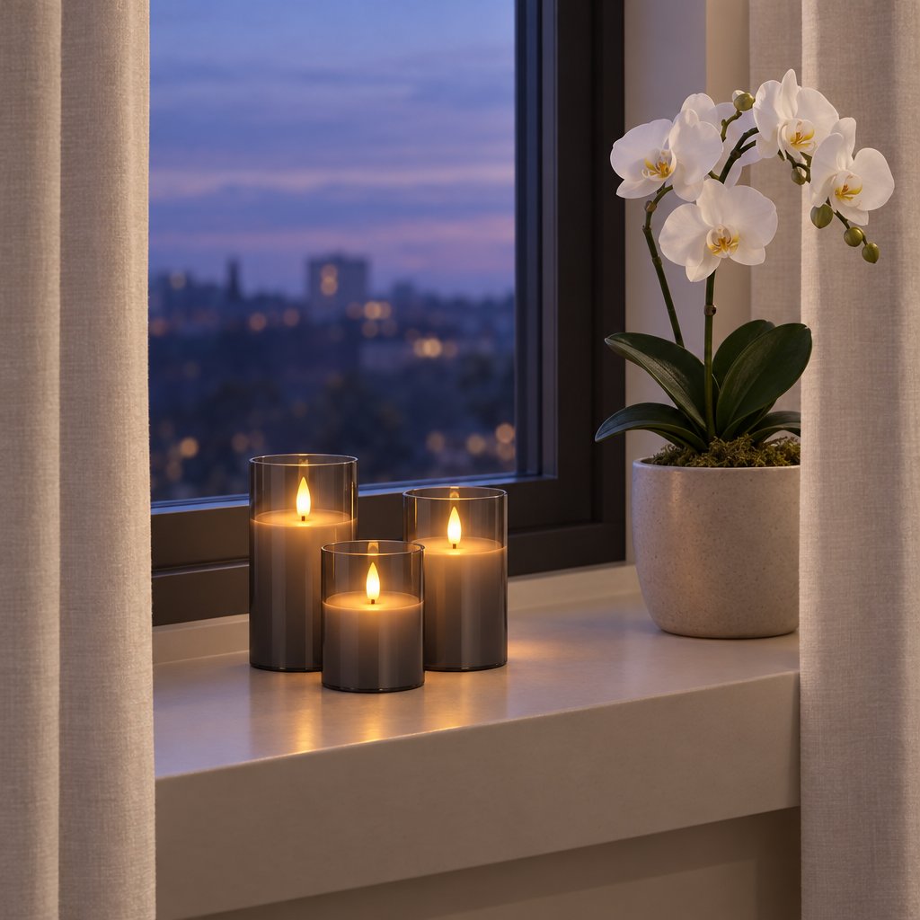 Three grey tinted flameless candles of different heights on a window sill at dusk beside a white orchid in a pot, with city lights outside