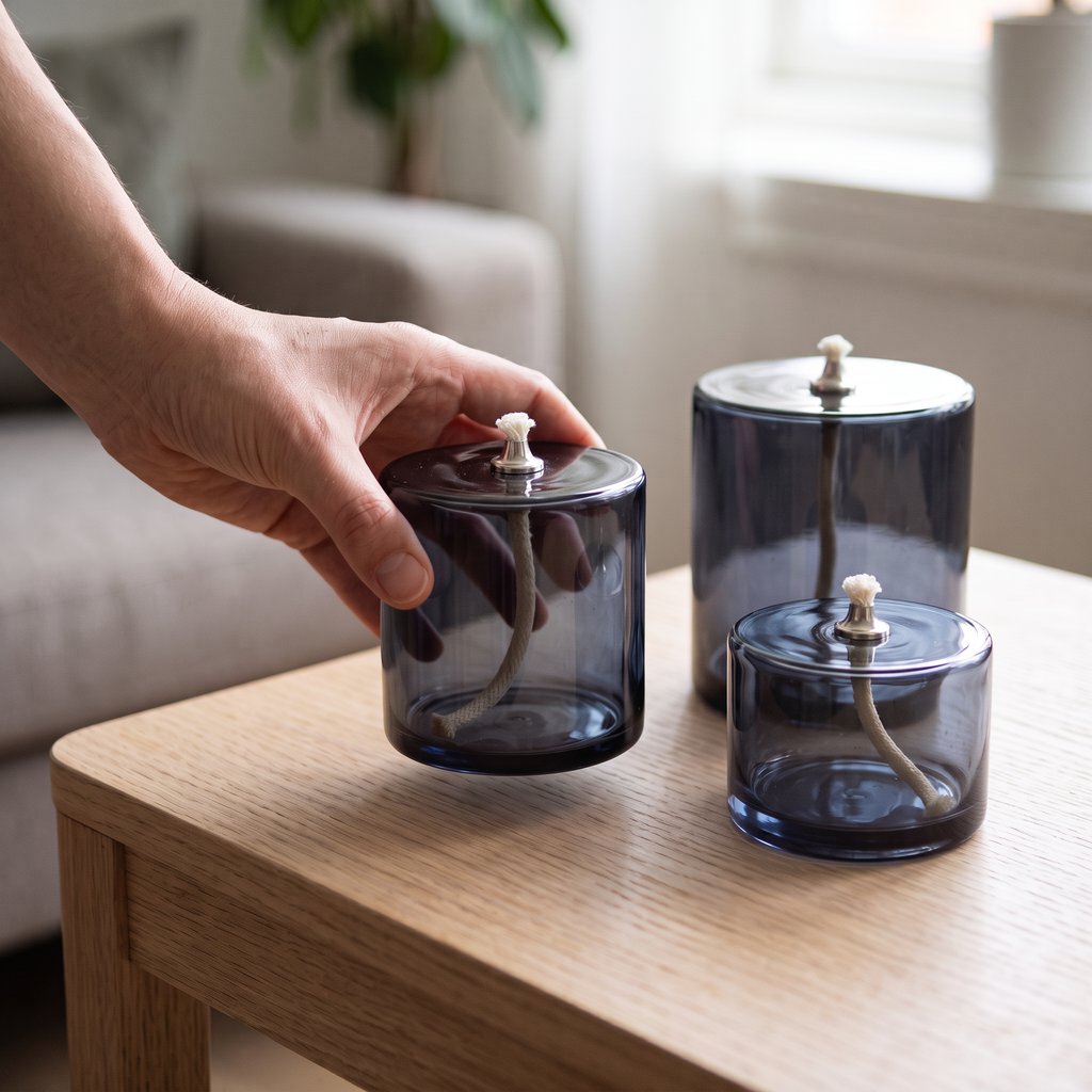 Hand moving the largest of three smoky blue-grey glass oil candles on a light wood coffee table with a sofa behind