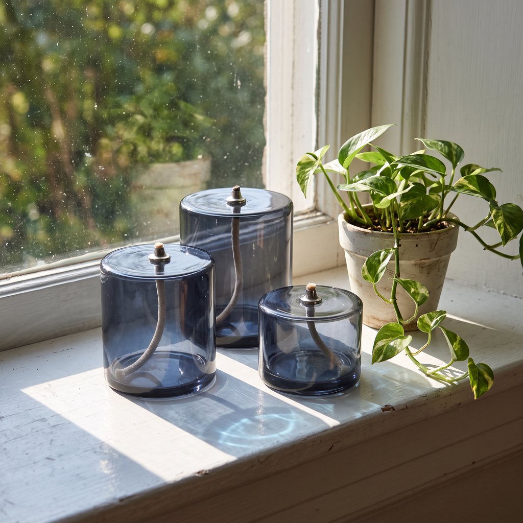 Three smoky blue-grey glass oil candles on a sunlit window sill beside a potted green plant