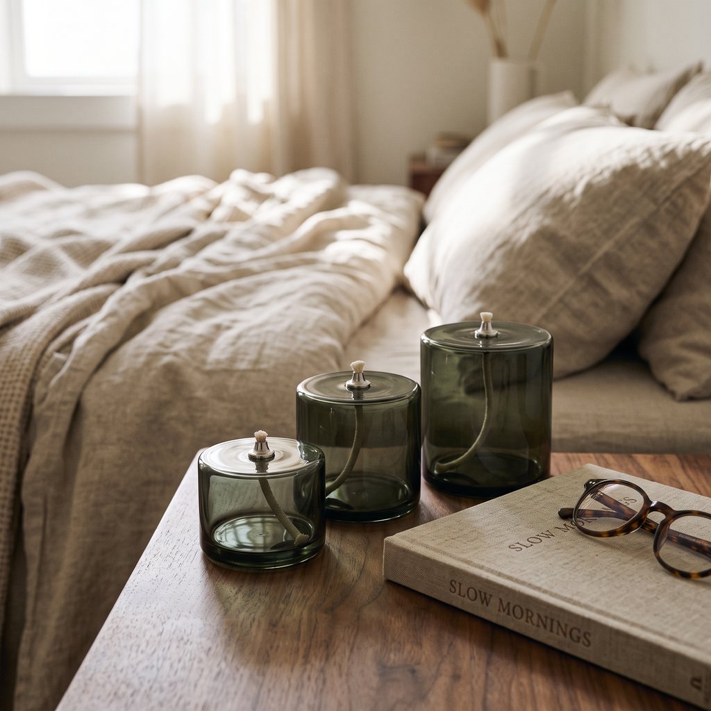 Three smoky olive green glass oil candles on a wooden nightstand beside a hardcover book and tortoiseshell glasses with a rumpled bed behind