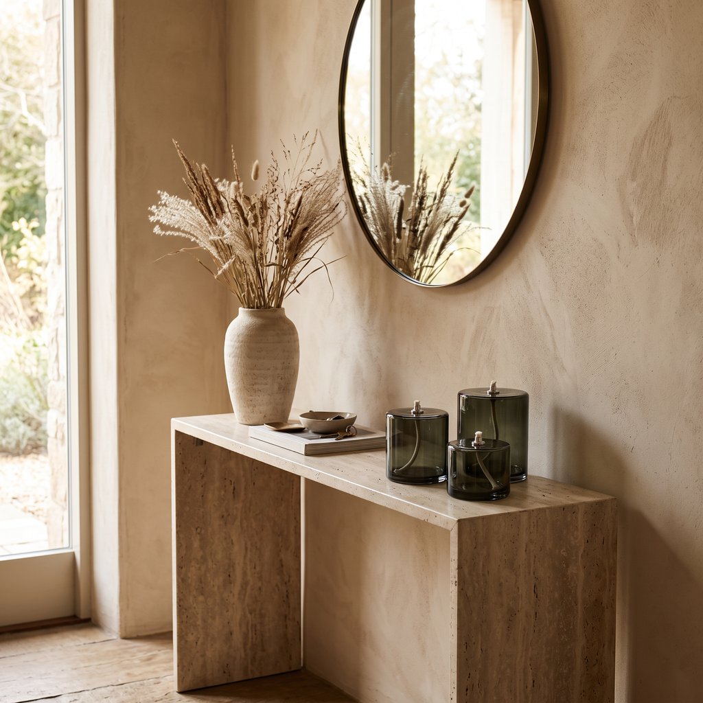 Three smoky olive green glass oil candles on a pale stone console table beneath a round mirror with dried stems in a cream vase