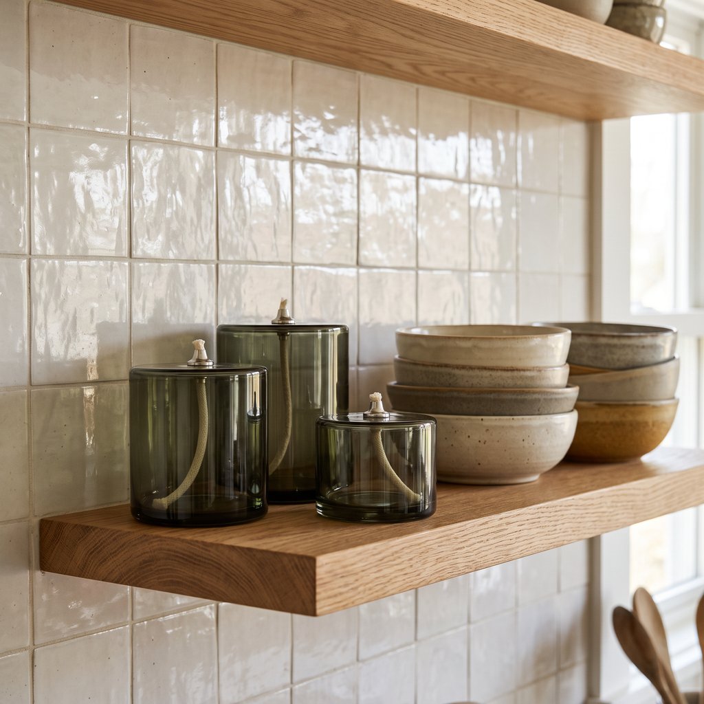 Three smoky olive green glass oil candles on a wooden open shelf against cream glossy tile beside stacked bowls