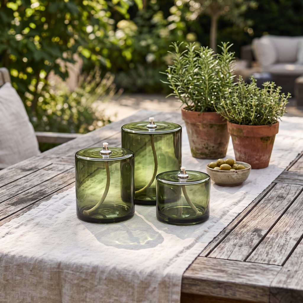 Three smoky olive green glass oil candles on a weathered outdoor wooden table with a cream cloth runner, potted plants and a small bowl