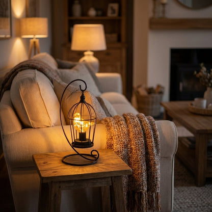 Single Bird illuminated birdcage on a side table beside a couch with a throw blanket and glowing fireplace