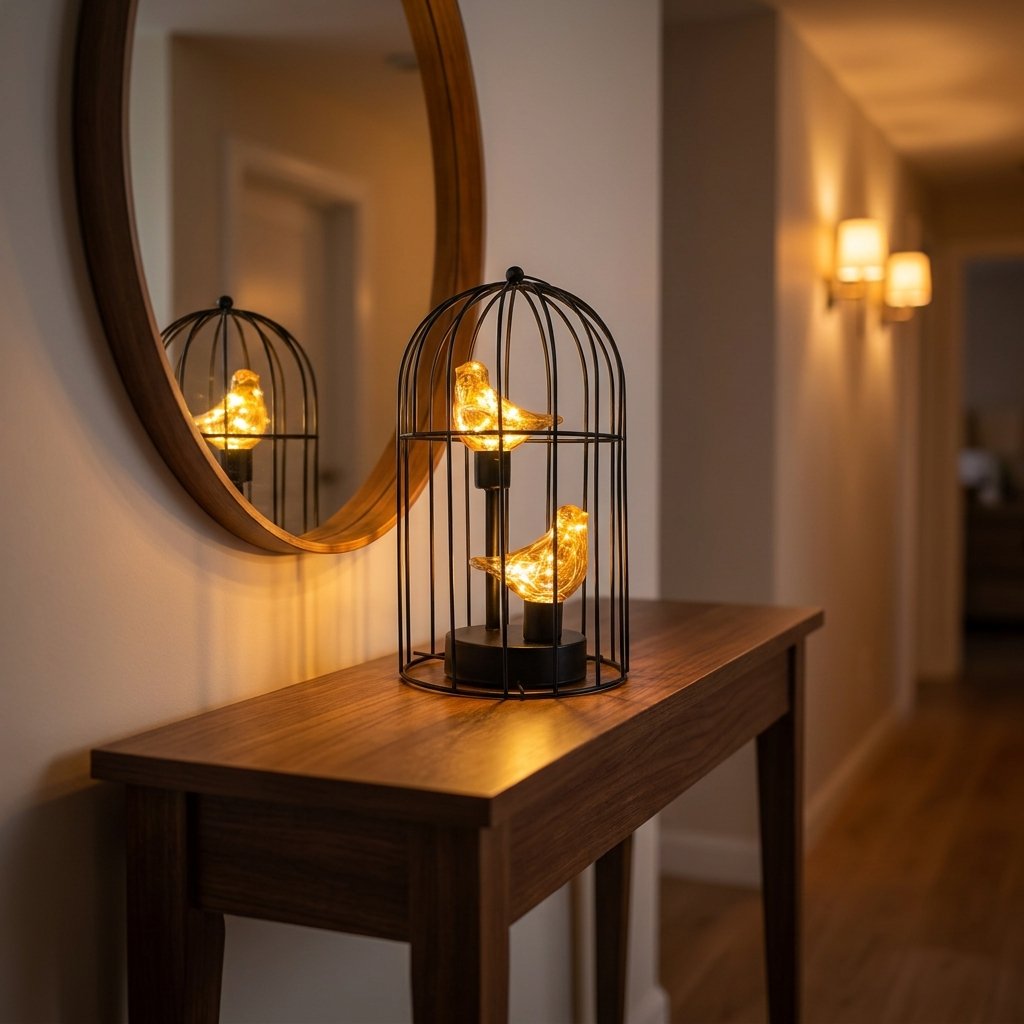 Two Birds illuminated birdcage on a console table beneath a round mirror in a hallway
