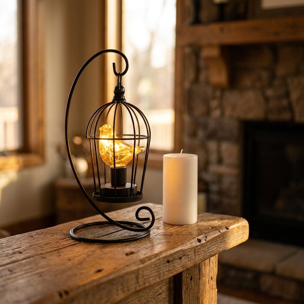 Single Bird illuminated birdcage on a rustic mantel beside a lit candle near a stone fireplace