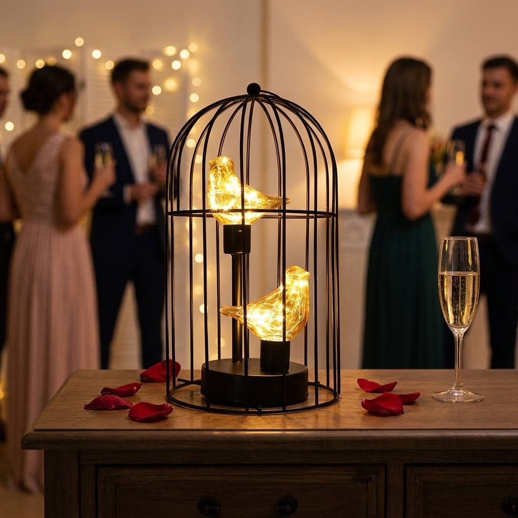 Two Birds illuminated birdcage on a sideboard at an evening party with rose petals and a champagne flute