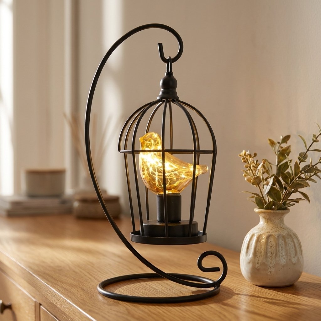 Single Bird illuminated birdcage on a sideboard beside a vase of dried plant sprigs
