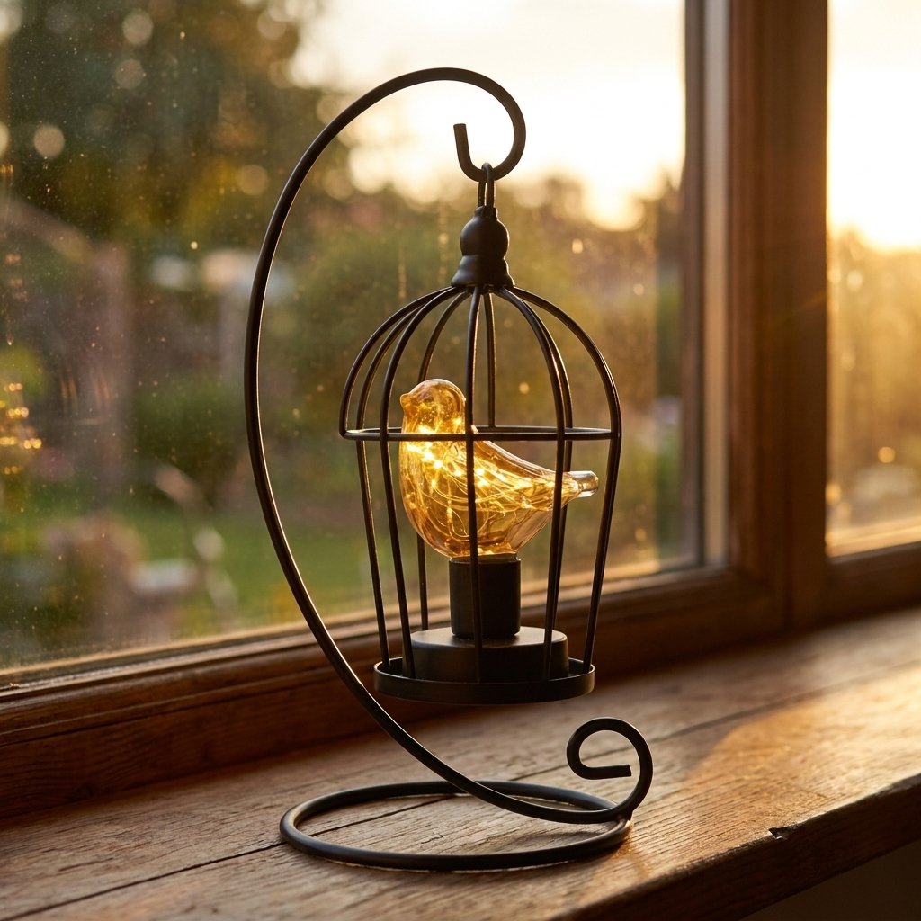 Single Bird illuminated birdcage on a windowsill at sunset with a garden view