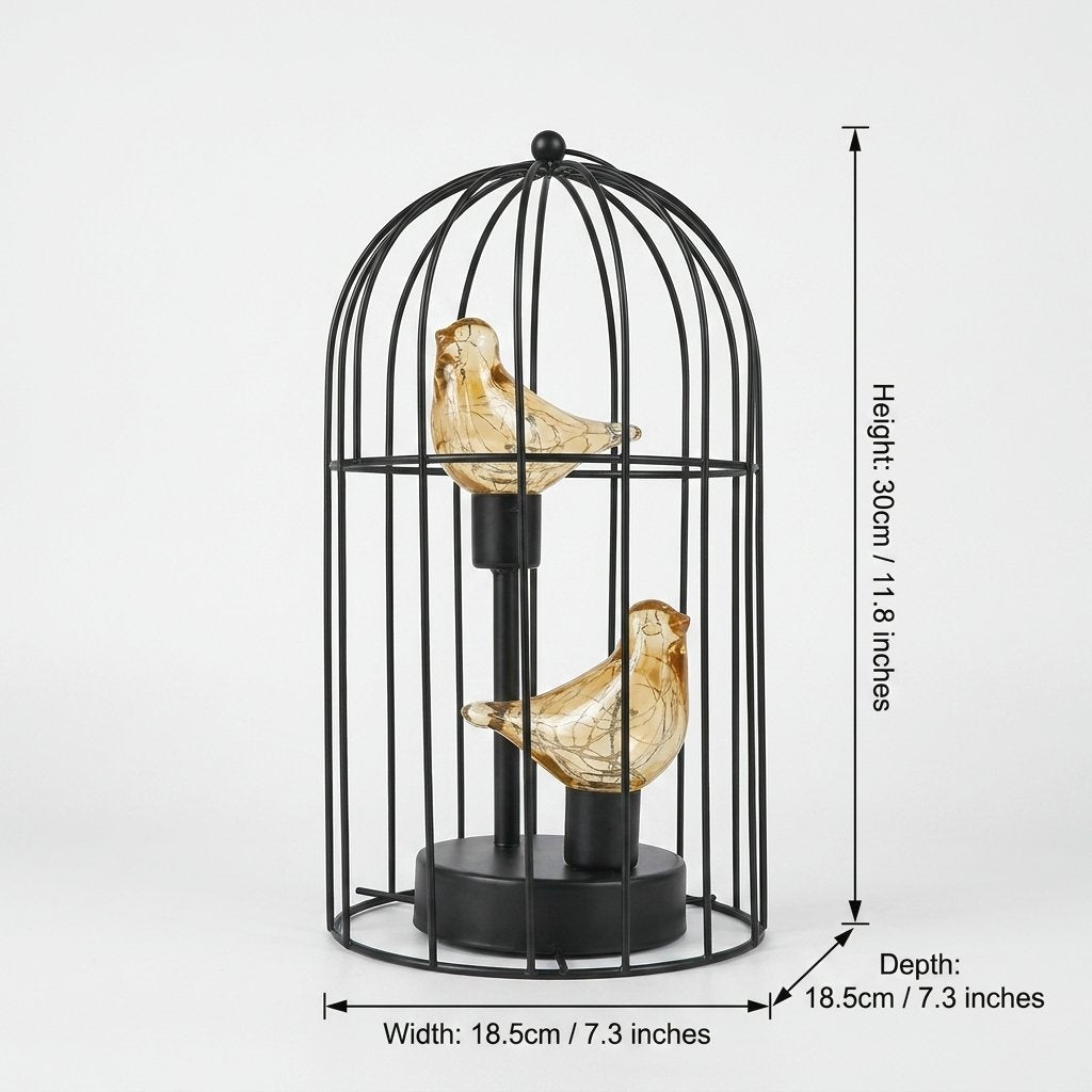 Two Birds illuminated birdcage dimensions: 11.8in/30cm height, 7.3in/18.5cm width, 7.3in/18.5cm depth