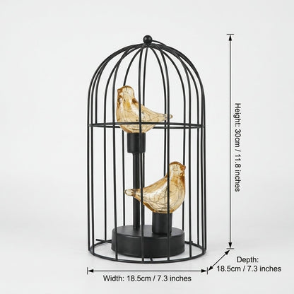 Two Birds illuminated birdcage dimensions: 11.8in/30cm height, 7.3in/18.5cm width, 7.3in/18.5cm depth